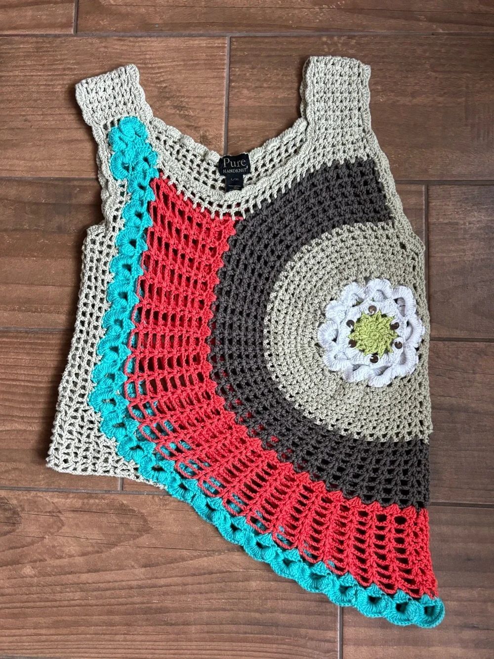 Pure Handknit L/XL Crochet Cotton Asymmetrical Tank Top Boho Floral Art-to-Wear